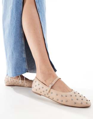  Marylina Studded Ballet with Buckle in Beige Leather