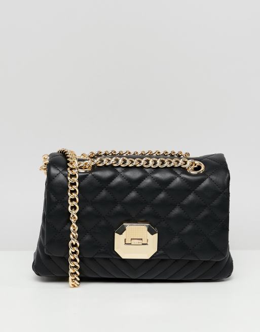 ALDO Menifee black quilted cross body bag with double gold chunky chain strap