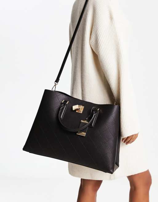ALDO Mylah tote bag in black quilt with padlock ASOS