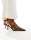 [ALDO] ALDO Naiarah kitten heel slingback studded shoes in olive suede-Green 36 Olive