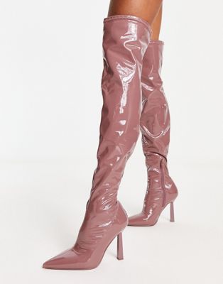ALDO Nella over the knee patent boots in pink  - ASOS Price Checker