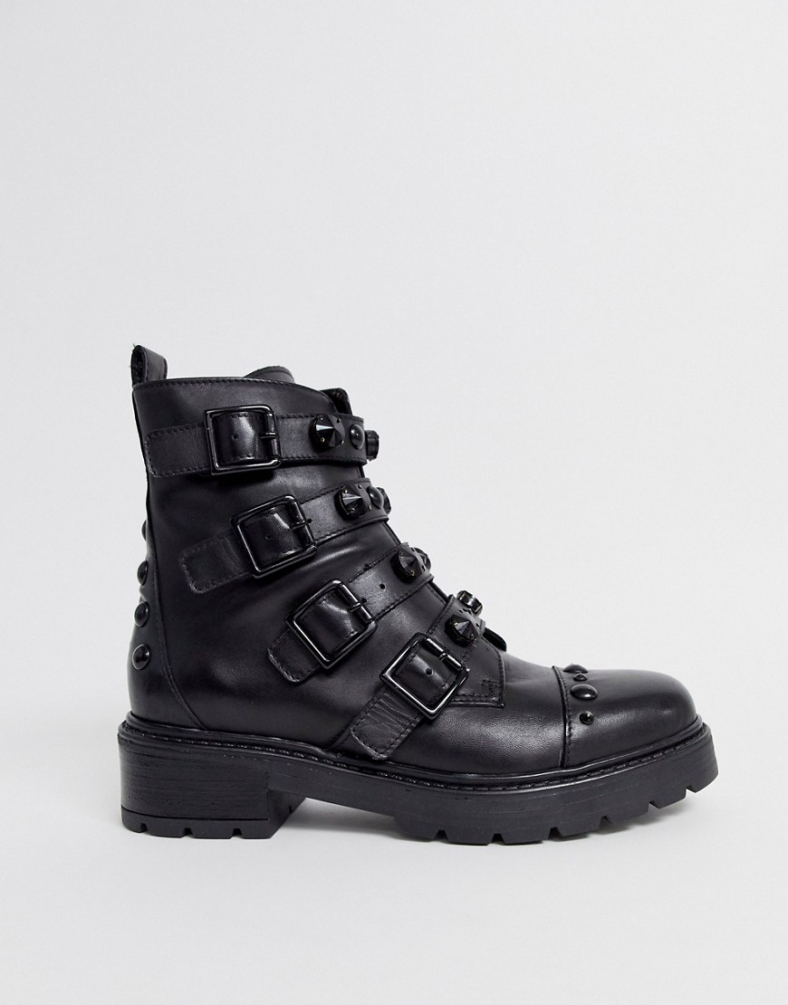 ALDO - Platte laarzen met dikke zool, bandjes en studs in dezelfde kleur-Zwart