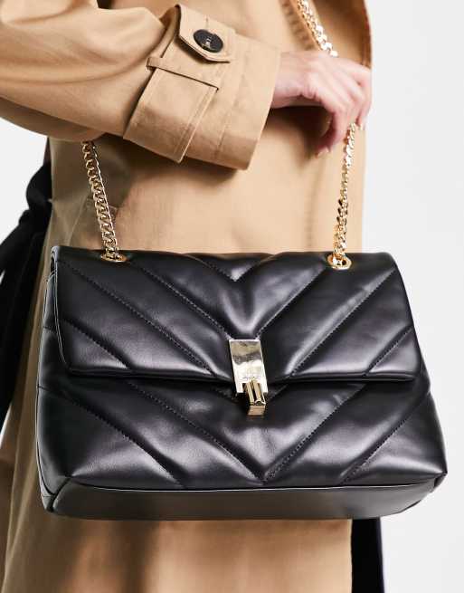 Black Quilted Leather-Look Chain Strap Cross Body Bag