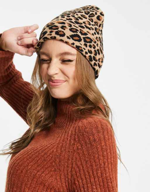 ASOS DESIGN fisherman beanie in brown leopard print