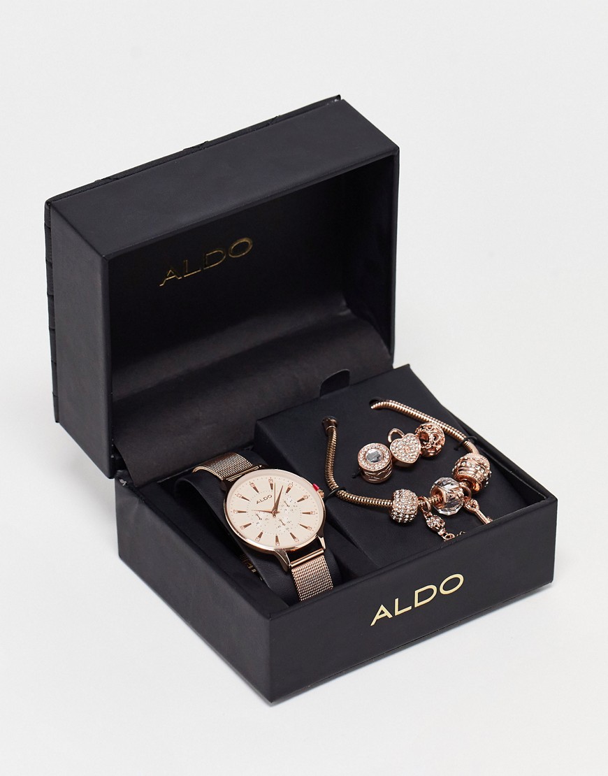 aldo ruden watch gift set with interchangeable charm bracelet in rose gold