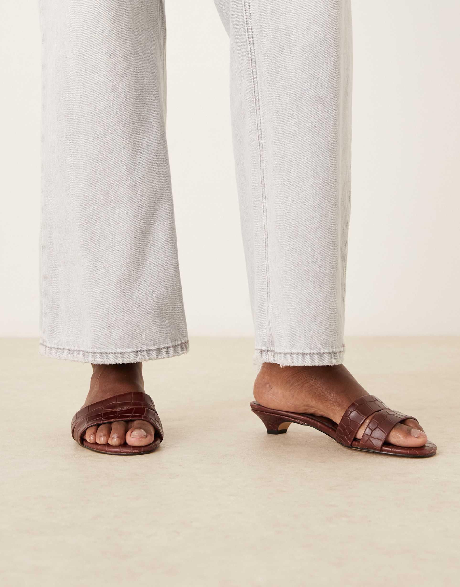 aldo scarletta slip on heeled sandals in leather brown croc