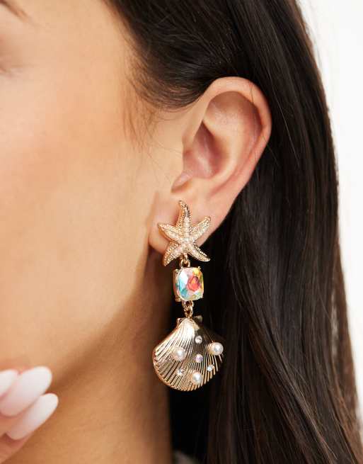 ALDO Seashelle statement shell and starfish earrings in gold 
