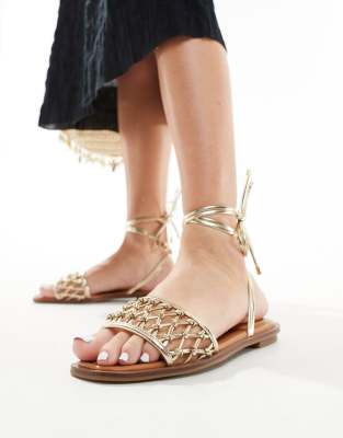 Seazen crochet lace up sandals in gold