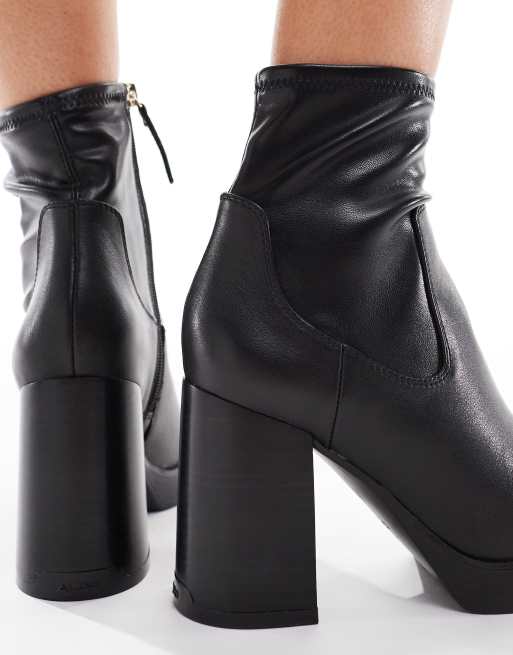 ALDO Seraphica block heel high ankle sock boots in black leather, 3 of 4