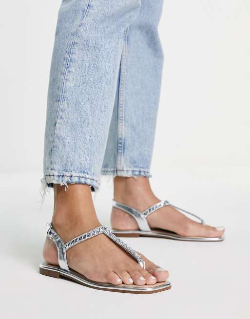 Silver t sales strap sandals