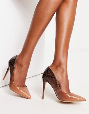 ALDO Stessy heeled court shoes in tan and snake mix  - ASOS Price Checker