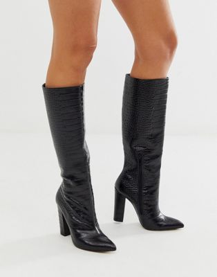 ALDO - Stivali alti con tacco a blocco in pelle nero coccodrillo | ASOS