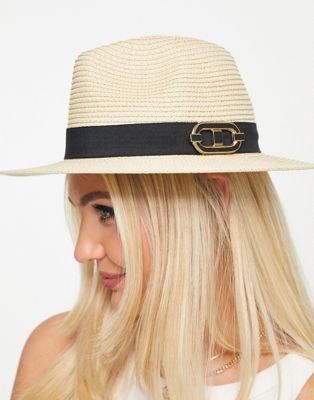 Aldo straw hat with black trim and gold buckle detailing in natural