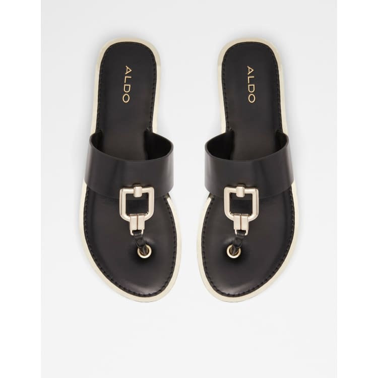 ALDO Tatyx hardware toe post flat sandals in black ASOS