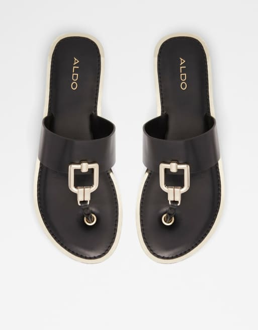 ALDO - Tatyx - Platte teensandalen met metalen beslag in zwart 