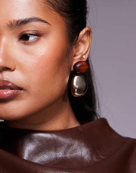 ALDO teyrra stud drop earrings in gold and wood effect - view 1