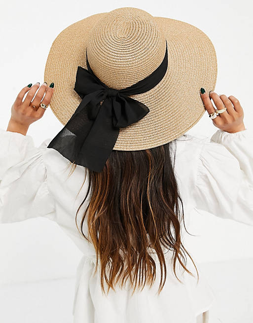 ALDO Tigerperch floppy straw hat with bow in beige and black