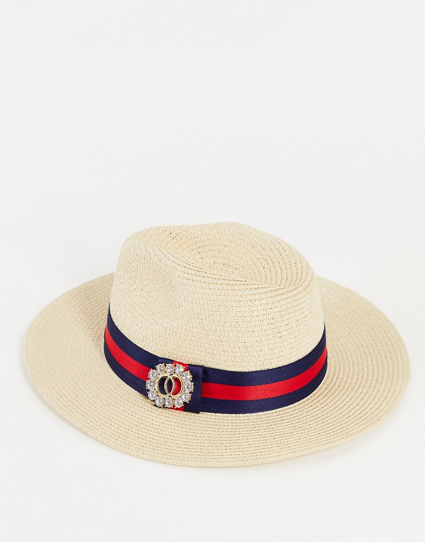 ALDO Vardoma straw panama hat with embellished strap in beige-Neutral