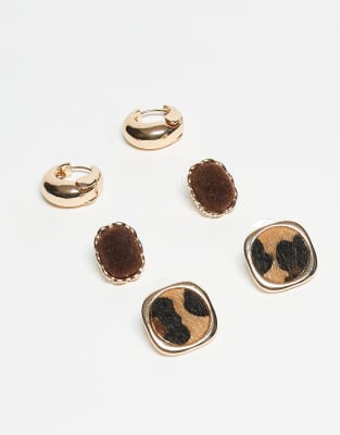 ALDO ALDO wildchic pack of 3 stud and hoop earrings in brown leopard