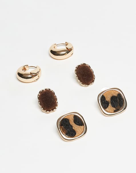 ALDO wildchic pack of 3 stud and hoop earrings in brown leopard - view 1