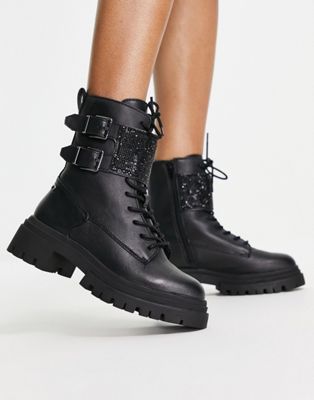 ALDO Woa lace up rhinestone buckle flat ankle boots in black