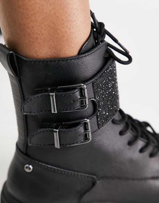 Woa lace up rhinestone buckle flat ankle boots in black | ASOS