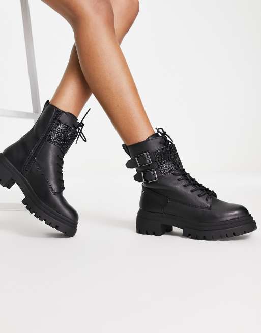 Woa lace up rhinestone buckle flat ankle boots in black | ASOS