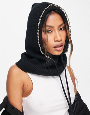 ALDO Yba knitted hood with chain embellishment in black