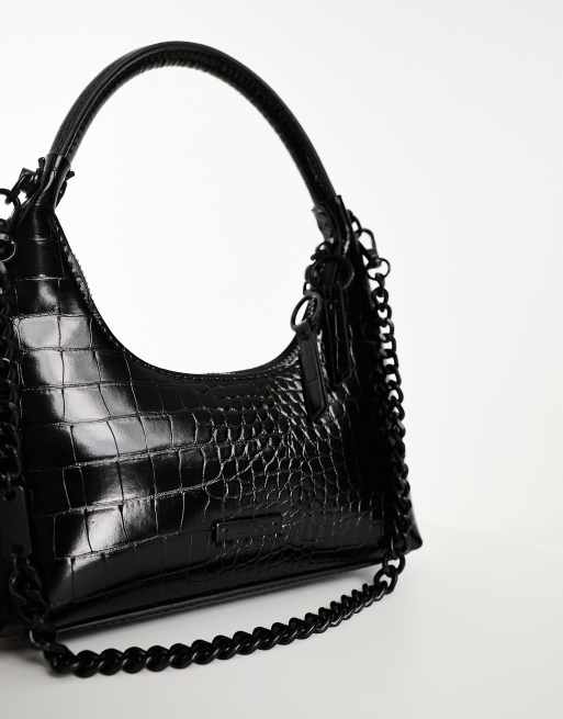 Black Croc Chunky Chain Shoulder Bag