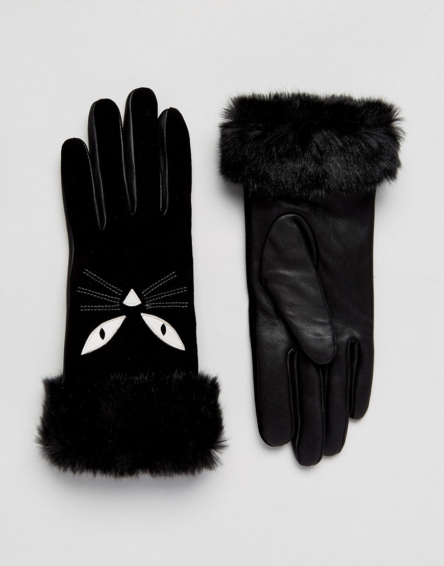 Alice Hannah Cat Applique Gloves-Black