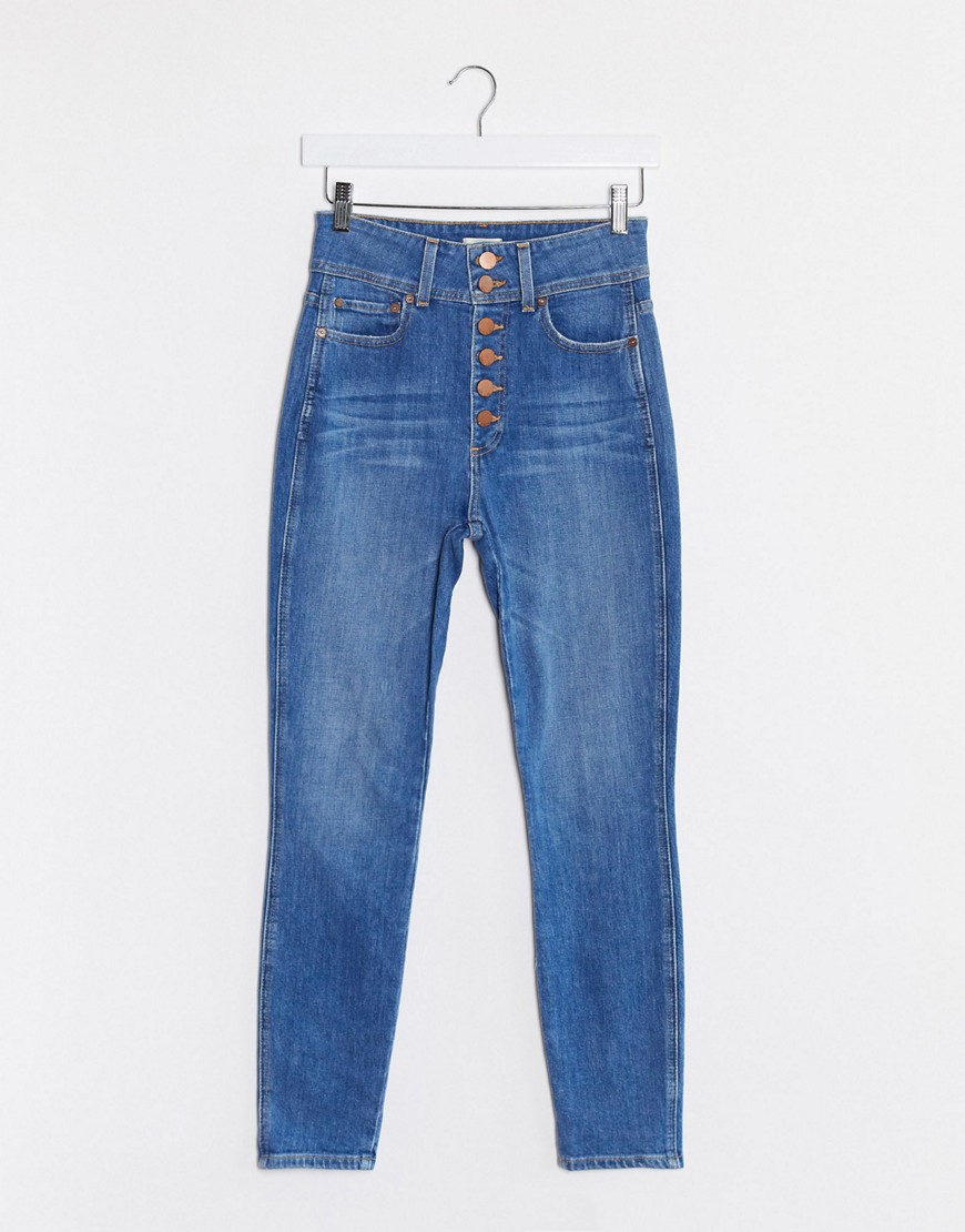 Alice & Olivia – Blå skinny jeans med hög midja och synliga knappar