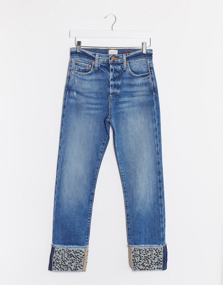 Alice & Olivia Jeans high rise girlfriend jeans with sequin cuff in blue