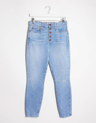 high rise exposed button jeans