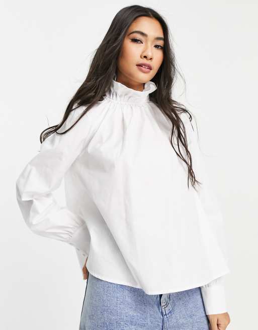 Aligne Blouse col montant fronc volant en coton Blanc WHITE