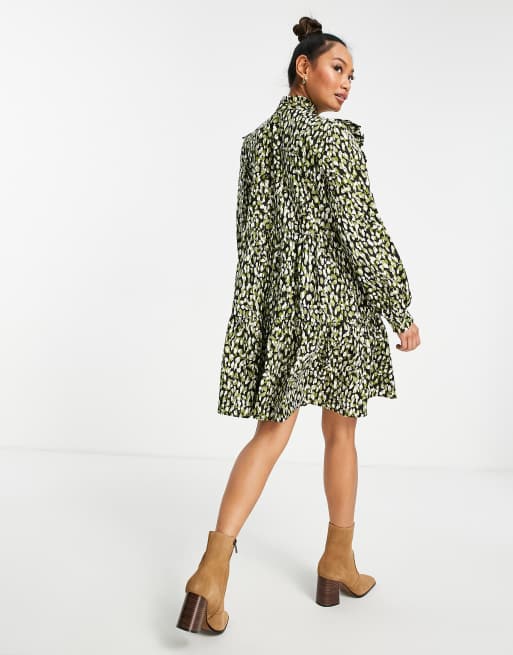 Aligne cotton mini shirt dress with frill detail in vintage floral print - MULTI