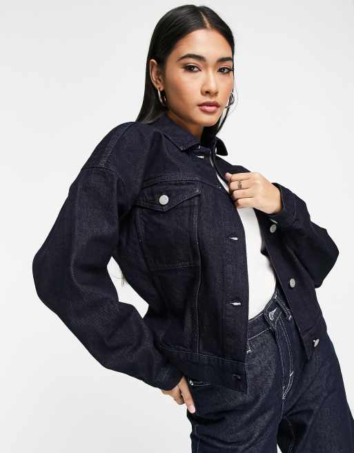 Aligne cotton oversized cropped denim jacket in dark indigo - MBLUE | ASOS