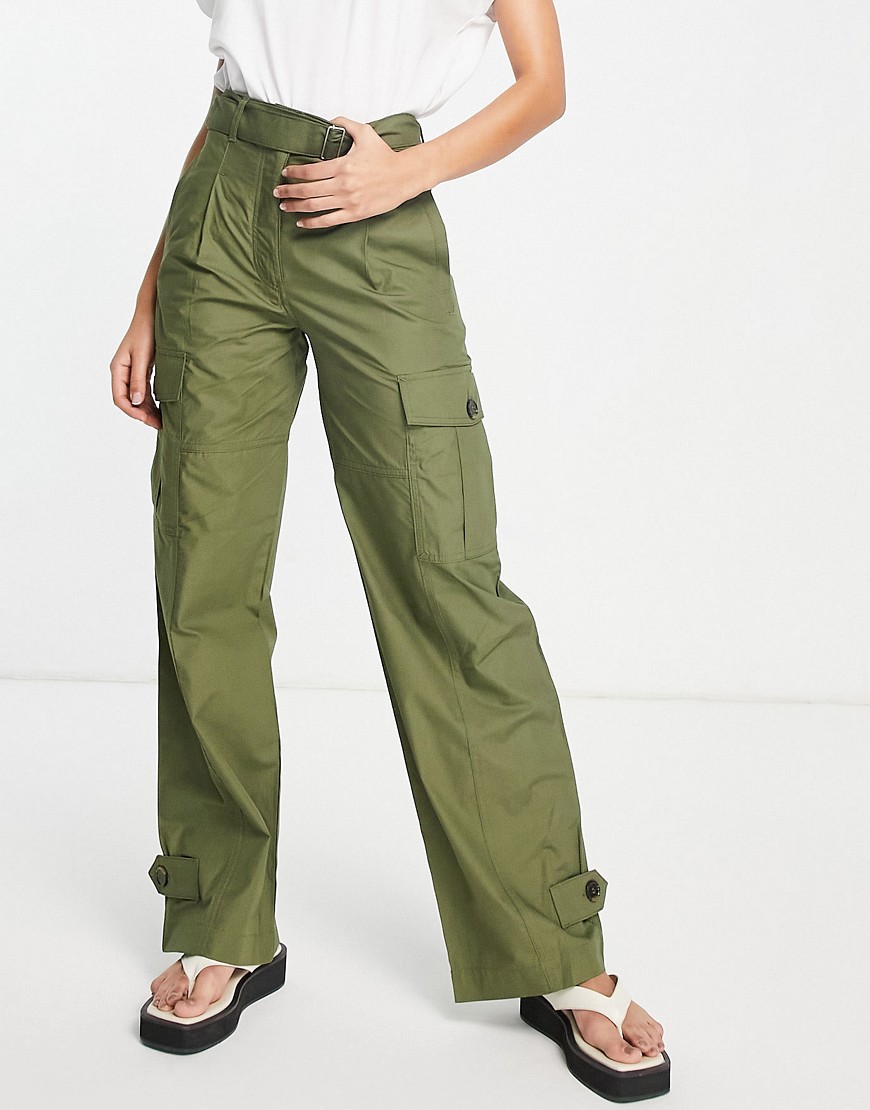 Aligne cotton wide leg cargo trouser in khaki - KHAKI-Green