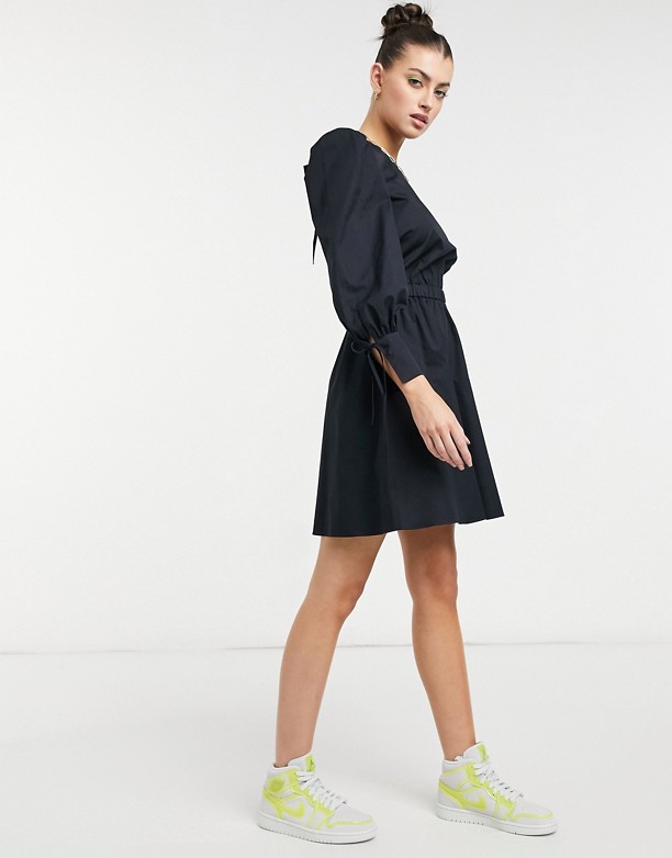  Twój Aligne – Czarna luźna sukienka mini z odkrytymi plecami i wiązaniem, z bawełny organicznej Black