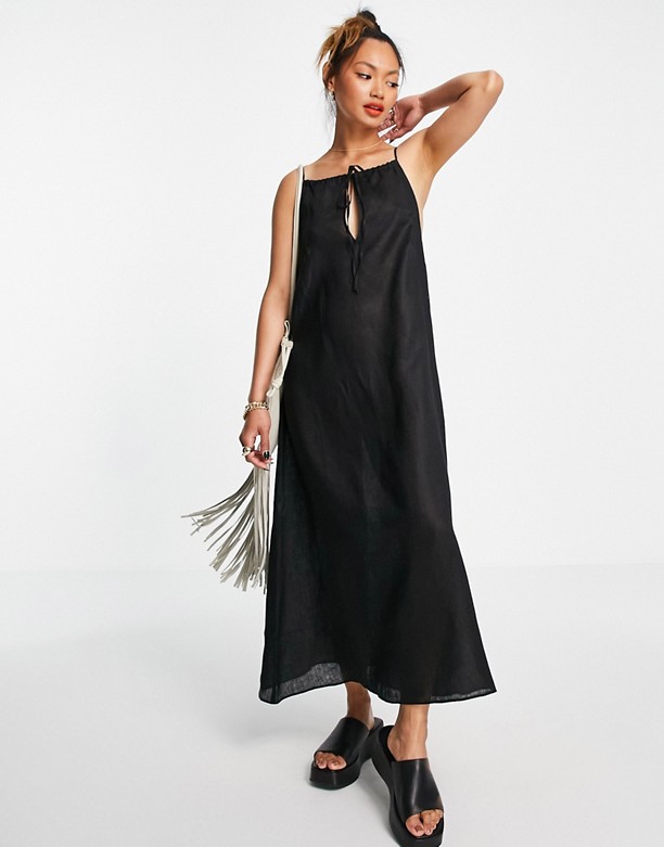 Aligne – Czarna sukienka midi z lnu organicznego z dekoltem typu halter Black Nowy Niższy 