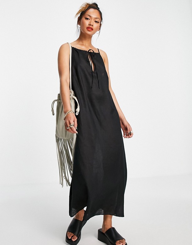 Aligne – Czarna sukienka midi z lnu organicznego z dekoltem typu halter Black Nowy Niższy 