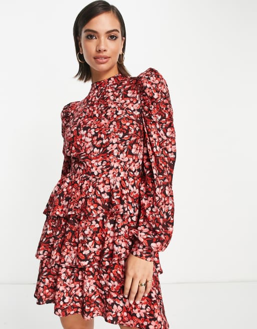 Aligne high neck ruffle mini dress in red floral, 3 of 4