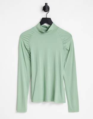 Aligne Aligne high neck top with ruched shoulder in green