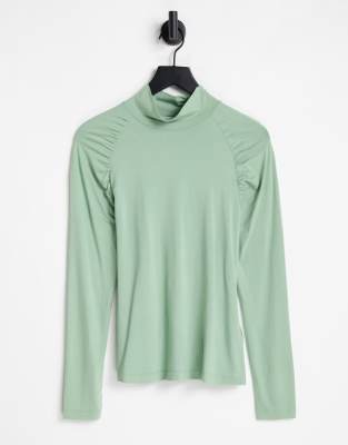 Aligne high neck top with ruched shoulder in green