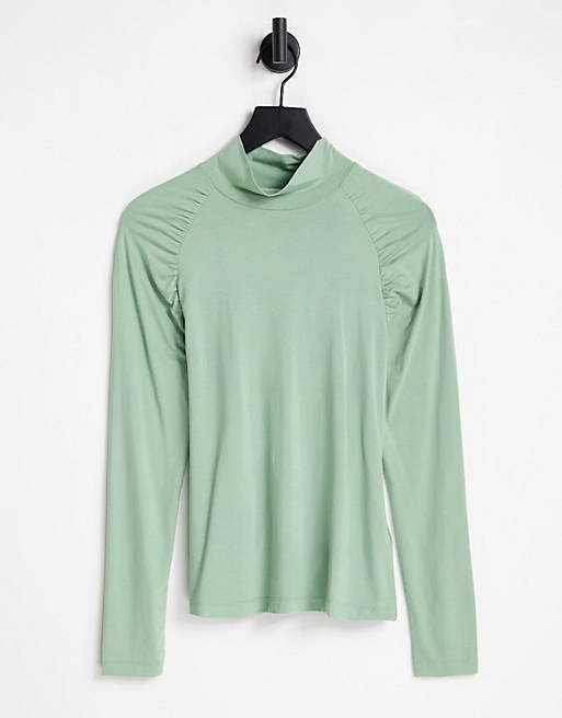 Aligne high neck top with ruched shoulder in green 