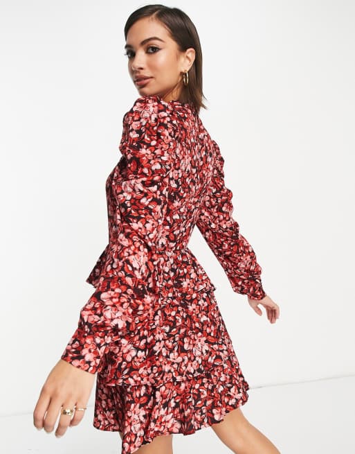 Aligne - Hoogsluitende mini-jurk met ruches en bloemenprint in rood | ASOS