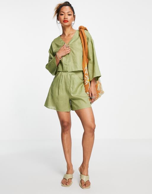 Aligne - Linnen casual shorts met hoge taille in kaki, deel van co-ord set - MGREEN