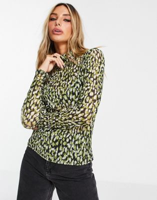 Aligne mesh top with high neck in abstract green print