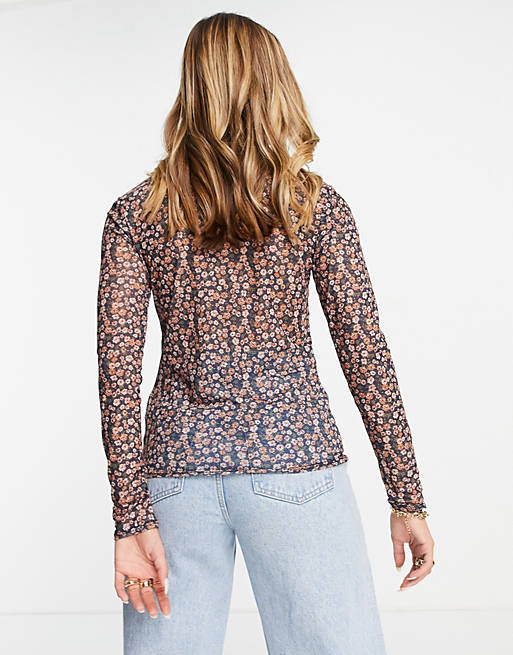 Women Aligne mesh top with high neck in rust floral print 