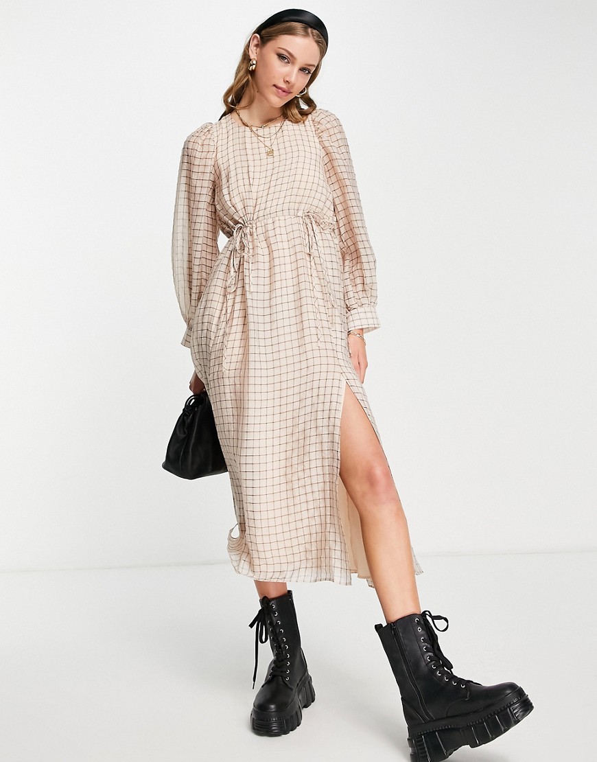 Aligne mid dress with volume sleeve in check-Multi