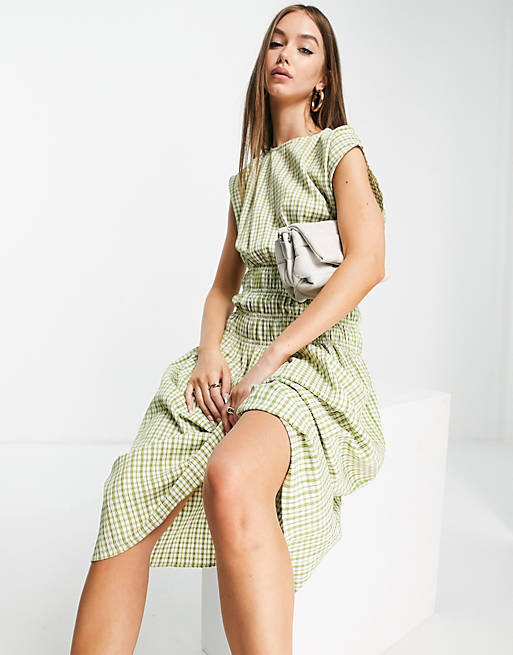  Aligne midi dress with pleated shoulder and shirred waist in khaki gingham check 